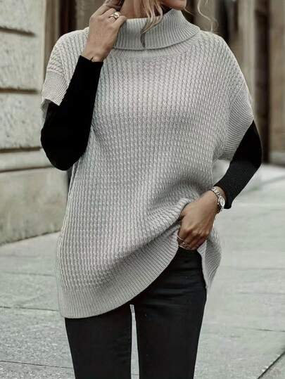 Suéter de cuello alto de unicolor elegante y maduro para mujer, de manga corta, con estilo casual y versátil para ir al trabajo, tallas grandes, para primavera/otoño/invierno