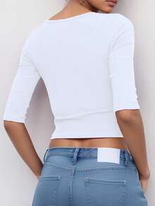 ii Women Plain Crew Neck Short Sleeve Crop Top, Casual Daily Wear