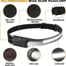 LED Headlamp Rechargeable, 230°Wide Beam & Spotlight Head Lamp With Red Light, Lightweight Adults Headlamps Motion Sensor 6 Modes For Outdoor Running, Camping, Hiking - 黑色 - 查看 2