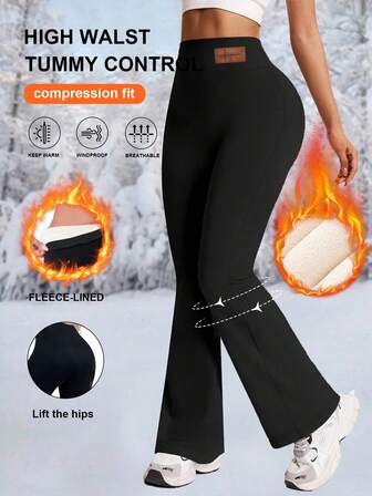 1 pieza Pantalones de yoga con forro térmico grueso y abrigador para mujer, cintura alta adelgazante, leggings para ciclismo al aire libre, pantalones deportivos casuales de pierna acampanada