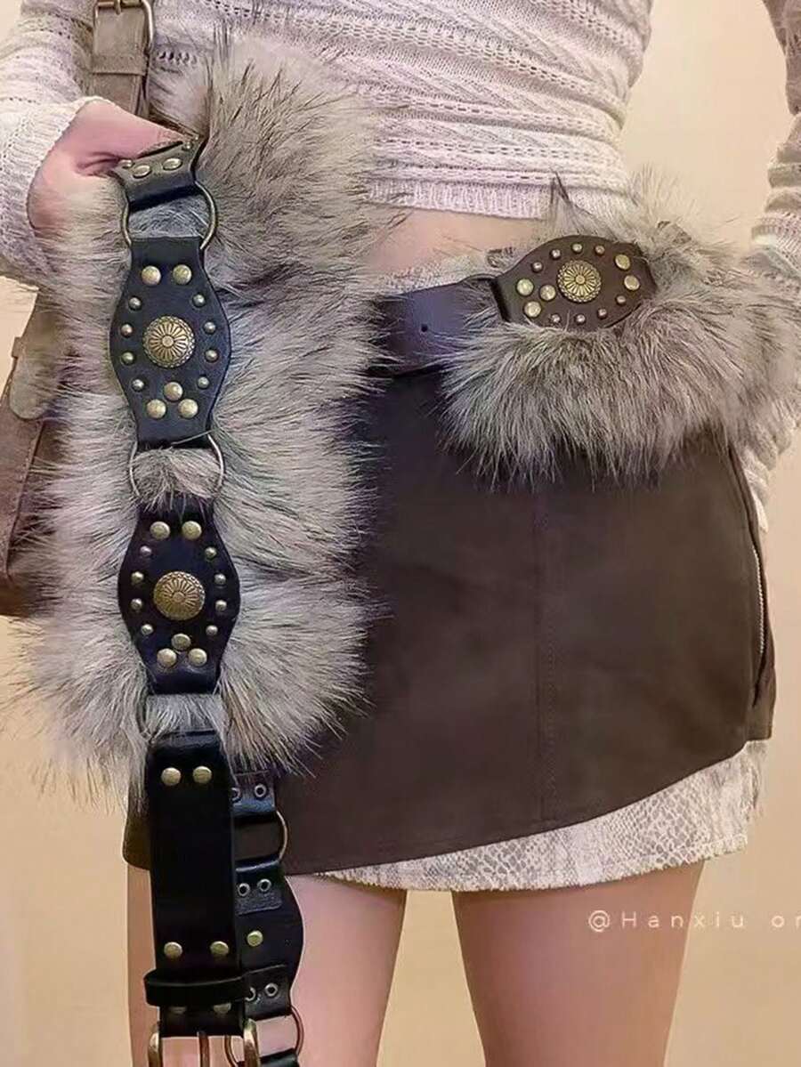 美式复古Y2K千禧年风格铆钉腰带，女士款，小众设计，性感魅力，宽版，PU皮革 - 彩色 - 查看 1