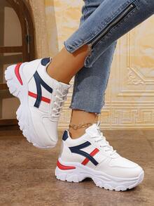 New Women White & Color Block Chunky Sneakers, Comfortable Fashion Versatile Leather Platform Lace-Up Casual Sports Shoes