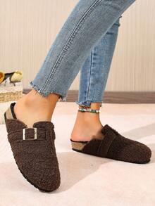 Women's Backless Loafers, Fashion Versatile Round Toe Fringe Buckle Flat Slip-On Mules - Coffee Brown - View 6