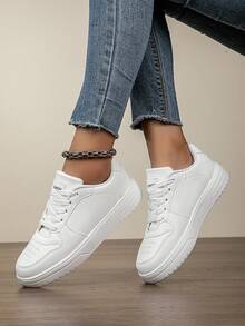 Women's Casual Canvas Sneakers, Fashion Versatile White Flat Shoes, Lightweight Comfortable Athletic Shoes - White - View 2