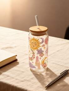 1 件 16 盎司玻璃咖啡杯（带吸管），太阳和月亮设计，饮料杯（带吸管），抹茶咖啡杯（带吸管） - 金色 - 查看 11