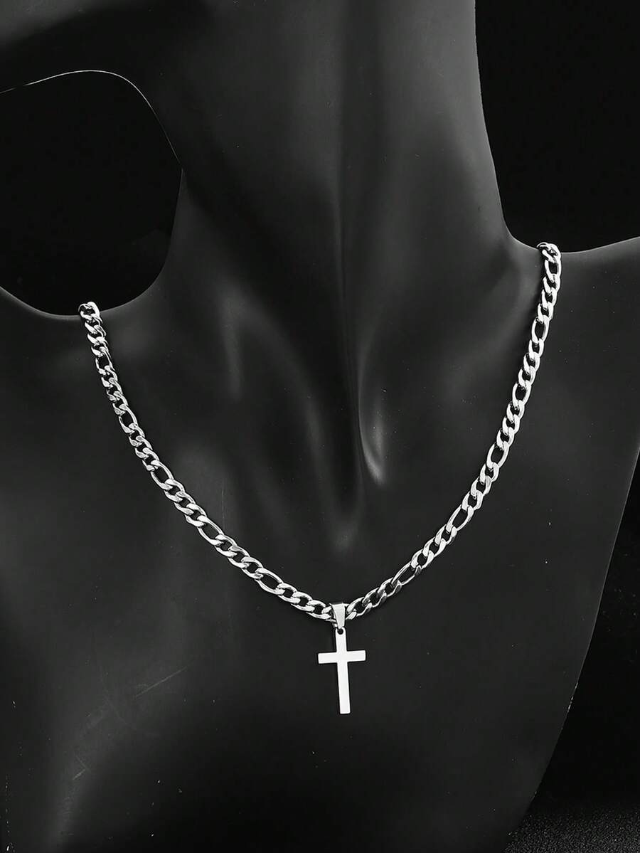 1件时尚不锈钢1:3 NK链十字架吊坠项链，适合儿童派对佩戴和日常佩戴 - 銀色 - 查看 1