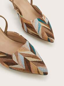 Women's Bohemian Style Kitten Heel Shoes, Geometric Woven Pointed Toe High Heels, Fashionable Ankle Strap High Heels, Formal Occasion Wedding Party Mule Shoes - Multi-colored Apricot - View 4