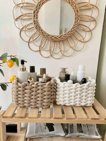 1pc Large Capacity White Handmade Thick Rope Woven Makeup Organizer Basket, Holds Makeup Brushes And Skincare Products, Suitable For Vacation, Beach, Bathroom, Bedroom Storage