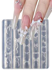2个3D蝴蝶结模具硅胶美甲工具，配1支笔，可爱蝴蝶结美甲模板DIY美甲图案，可重复使用，适用于美甲沙龙配件和美甲装饰。