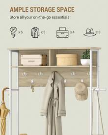 Hzuaneri Garderobenständer mit Schuhbank, Garderobe mit 13 Haken, 14 Offene Fächer, Verstellbare Ablagen, Kleiderständer für Flur, Eingangsbereich, 108 x 31 x 187 cm, Eichefarben-Weiß