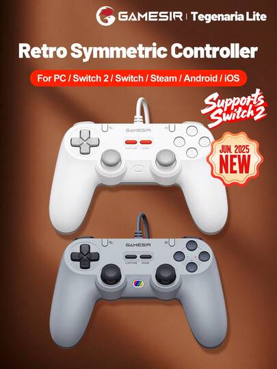  GameSir Tegenaria Lite Wired Symmetrical PC Gaming Controller, Compatible With PC, Switch, Android, IOS Devices And Steam Platform. Features Hall Effect Joysticks, Retro Design, 1000Hz Polling Rate, Analog Triggers, Immersive Vibration Feedback, Membrane Buttons, Ergonomic Design, Turbo Function, 2 Customizable Back Buttons, Gray & White Color