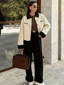 Fashionable French Exquisite Commuting Short Apricot Lapel Black Splicing Long Sleeve Women's Autumn And Winter Woolen Coat - Apricot - View 7