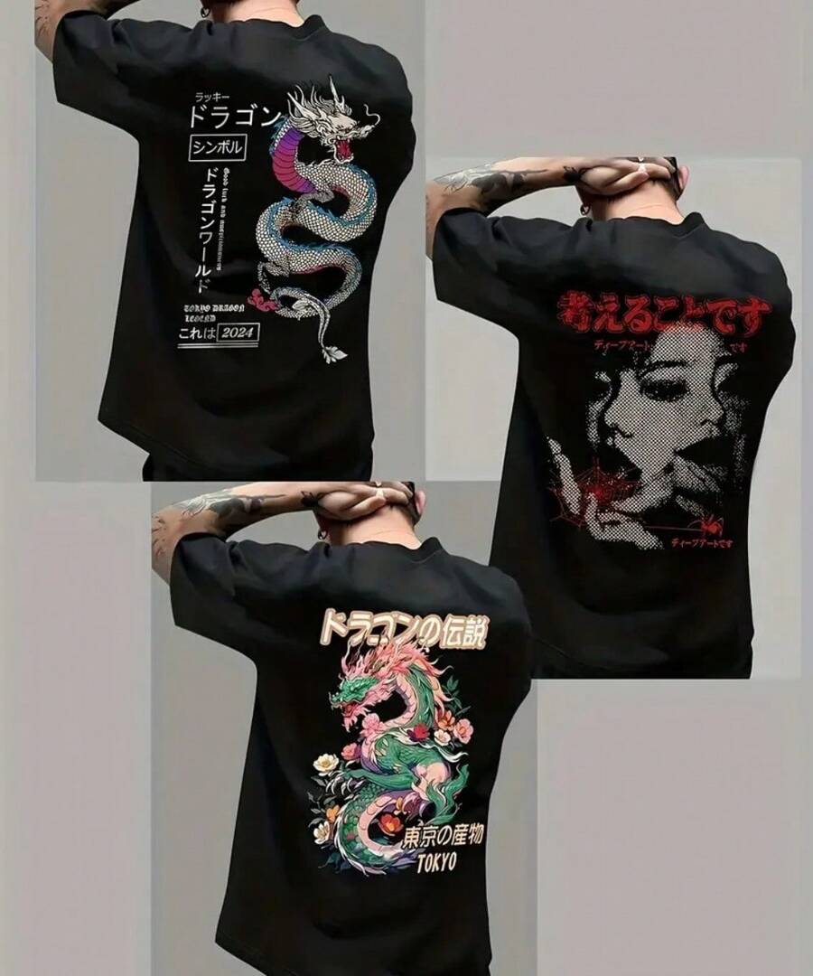 3-Piece Unisex T-Shirt Set 100% Cotton Printed Asian Dragon Designs Elementary Girl Dotted Skater Style Shirt Streetwear Casual Daily Basic - Black - View 1
