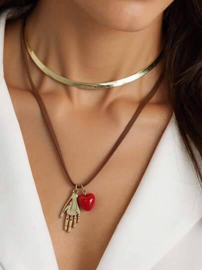1pc Multi-Layer Leather Rope Heart Necklace Choker, Short Necklace, Sweet & Cool Layered Necklace, Suitable For Daily Wear