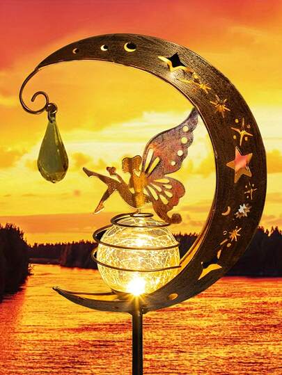 1pc Solar Iron Moon Fairy Lawn Light, ExquisiteFantasy Fairy Style Yard Metal Decorative Light Garden Pathway Gazebo