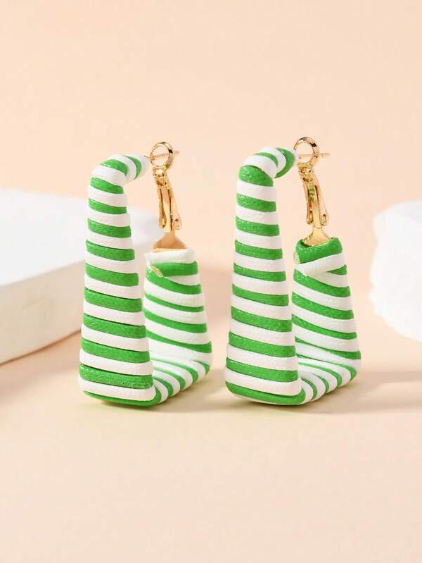 1 Pair Bohemian Style Autumn/Winter Black & White Striped, Zebra Print, Pink & White, Red & White, Blue & White, Black & Gold PU Leather Handwoven C-Shaped Fashion Casual Elegant Simple Rectangle Earrings For Women, Suitable For Daily Wear