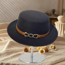 Sombrero Fedora de mujer para otoño e invierno, moderno, con hebilla y cinturón, de lana, estilo jazz, ideal para fotografía. - Negro - Ver 4
