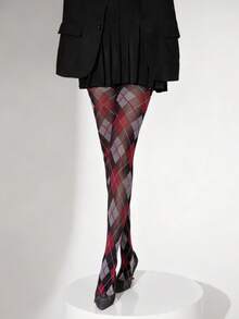 格子、花卉、条纹绿色紧身裤，菱形图案尼龙卡通猫格纹紧身裤，高弹透气舒适塑形瑜伽紧身裤，女士款，舒适 - 紅白色 - 查看 4