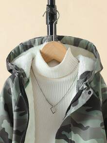 Tween Boy 夹克 2025 新款秋冬保暖内衬酷绿迷彩长袖拉链连帽外套 - 綠色 - 查看 2