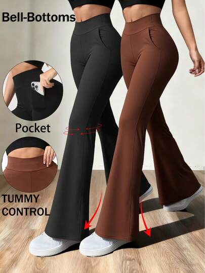 2 stycken kvinnors fickor yogabyxor hög midja sömlösa utsvängda benleggings gym magkontroll mycket elastiska och andningsbara sportbyxor utomhus enfärgade midjetonande fitness vida benbyxor