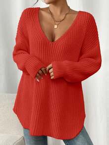 Plus Size Women's Solid Color V-Neck Dropped Shoulder Long Sleeve Loose Casual Knit Sweater, Pullover Style, Suitable For Autumn/Winter[Back To School Season] - Burnt Orange - View 6