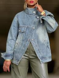 GLOURI Women's Loose Fit Jean Jacket - Asymmetric Slant Placket W/ Multiple Pockets | Long Sleeve Vintage Blue Jean Coat For Streetwear (Winter /Autumn 2025 Fashion)
