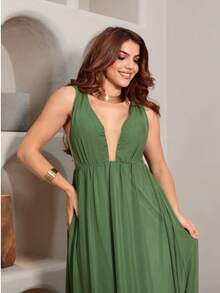 Vestido longo de festa Cecilia - Verde Militar - Visão 3