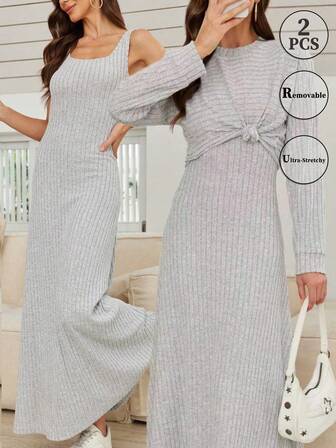 两件套女士休闲简约灰色条纹长袖睡袍和无袖修身长裙套装，适合户外活动和家庭聚会，冬季服装