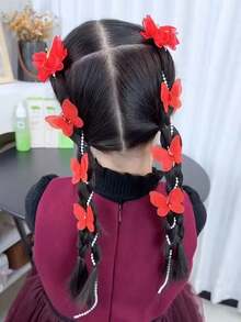 2PCS Chinese Red Christmas Bow Braided Hair Chain Girl's Bow Hair Clip Princess Hair Accessories Retro Pearl Tassel Hair Clip Children's Hair Accessories (Paper Card Display)