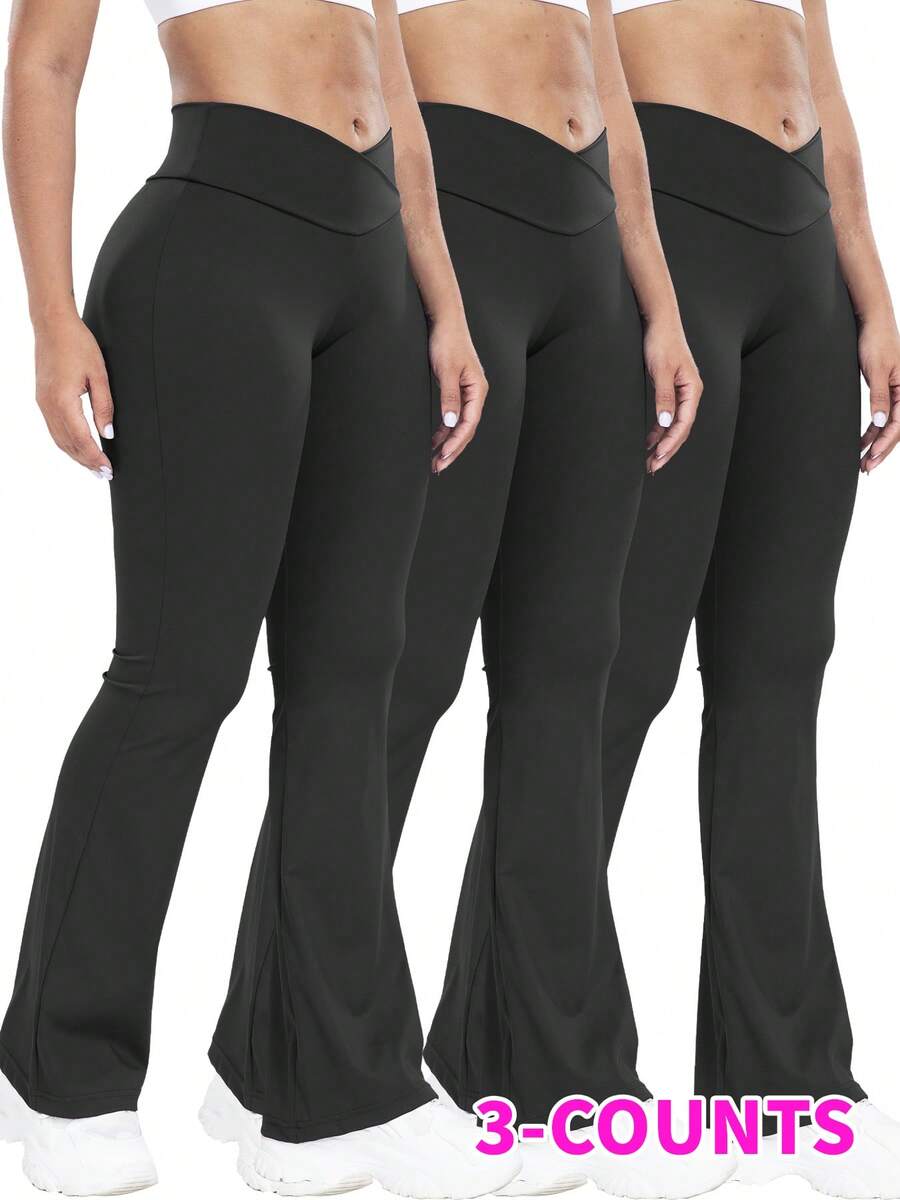 3-Pack Women's Flare Leg Yoga Pants - High-Waisted Cross Waistband, Smooth Stretchy Knit Fabric - All-Season Sports Leggings | Tummy Control | Butt Lifting Design - 黑黑 - 查看 1