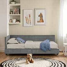 Enkelsäng, hudvänlig sammetsdesign, barnsäng med hög rygg, beige (utan madrass) - Mörkgrå - Visa 6