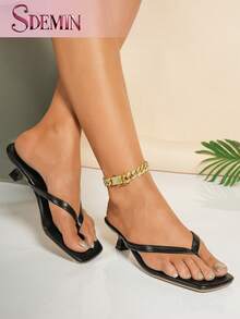 SDEMIN Summer New Arrival Women's Solid Color Slippers, Elegant Vacation Shoes, Casual Beach High Heels Sandals, Fashionable Easy-On Heels For Dress - 黑色 - 查看 5