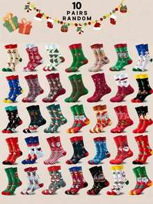 1 paire/5 paires/10 paires/15 paires/20 paires Chaussettes de costume de fête de Noël édition limitée aléatoire avec Père Noël, renne, flocon de neige, sapin de Noël. Chaussettes mode mignonnes et amusantes pour hommes, femmes, enfants. Chaussettes mi-mollet douces, confortables et chaudes pour l'école, la fête, la décoration de la maison - Multicolore - Voir 19