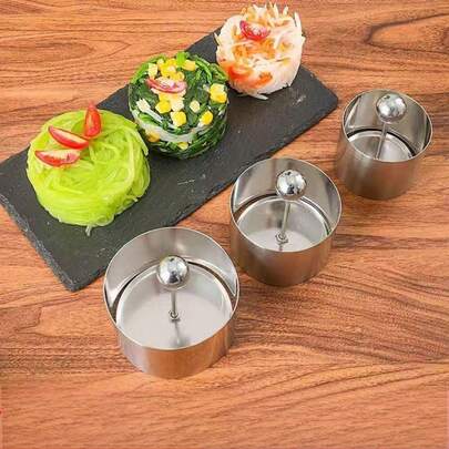 Set di anelli per torta in acciaio inossidabile di alta qualità con utensile di spinta - disponibile in 3 misure, versatile per sushi, riso alla crema di fagioli rossi, presentazioni di dessert - realizzato a mano, adatto al contatto con gli alimenti, adatto per cucine professionali e uso domestico