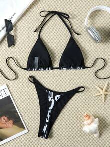 Set bikini da donna a 2 pezzi, costume da bagno sexy con stampa di lettere, schiena annodata e aperta, adatto per vacanze al mare, primavera/estate - nero - Visualizzare 4
