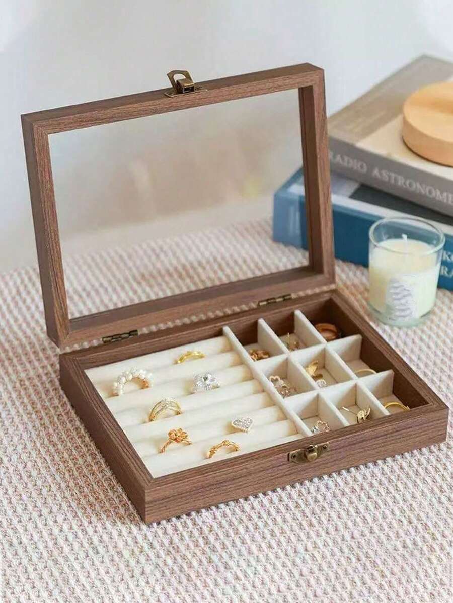 1pc Large Capacity Jewelry Tray, Walnut Wood Grain Velvet Jewelry Organizer Box, Multi-Layer Jewelry Storage Box For Necklaces, Earrings, Bracelets, Rings, Bathroom Storage, Kitchen Cabinet, Luxury Elegant Jewelry Box With Lock - Multicolor - View 1