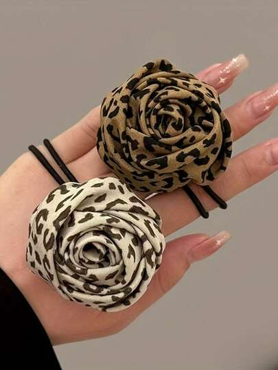 2pcs Leopard Print Rose Hair Ties - Women's High Elasticity Ponytail Holders, Non-Slip Hair Bands For Everyday, Parties, Dates - Floral Animal Print Hairstyle Accessories, Cute Hair Accessories, Date Night Hairpiece, Highelasticity Band,Temperament Leopard Print Rose Blossoms Hairband Women's High End Low Ponytail Tie Hair Rope Rubber Band Headpiece