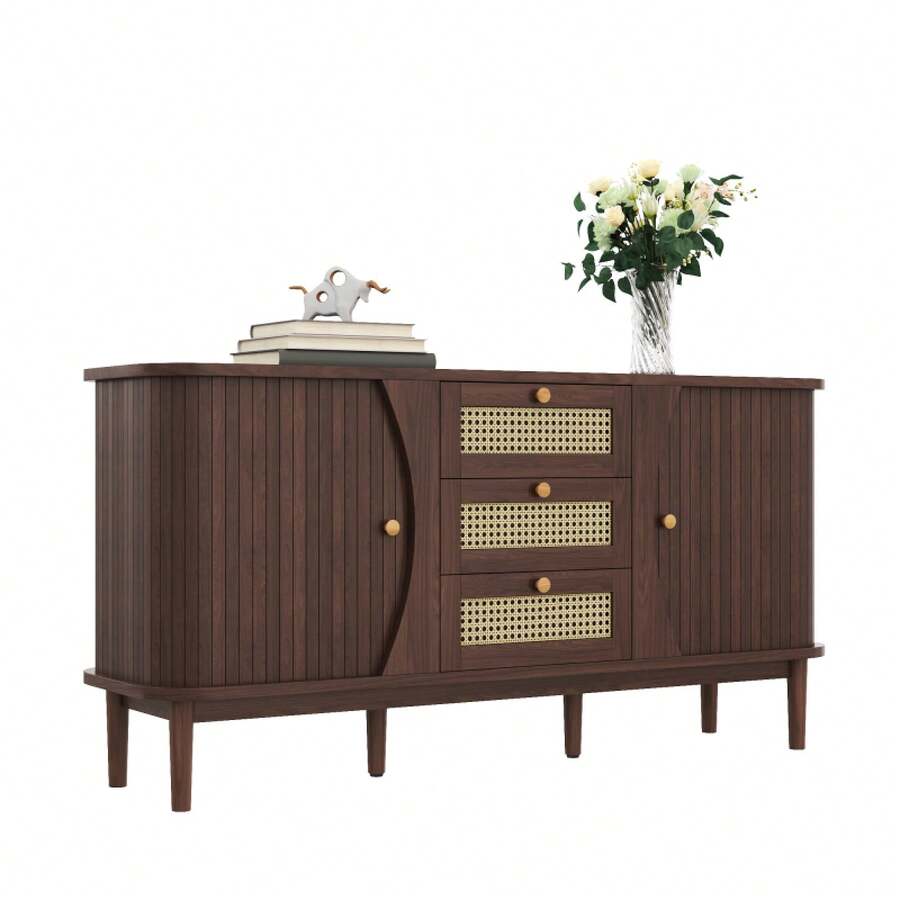Sideboard, Rattan Chest Of Drawers, Chest Of Drawers With Sliding Doors, Adjustable Shelves And Rounded Top. - Natural + Particle Board - View 1
