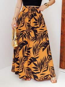Flowy Summer Skirt, Tropical Green And White Leaves Print, Draped Waistband With Drawstring, Boho Chic Style - 薑色 - View 1