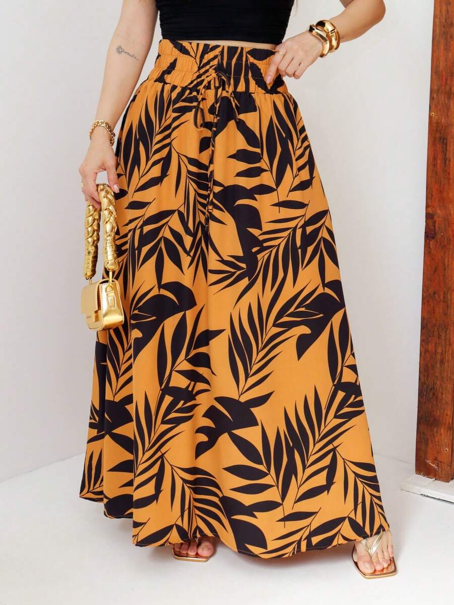 Flowy Summer Skirt, Tropical Green And White Leaves Print, Draped Waistband With Drawstring, Boho Chic Style - 薑色 - View 1