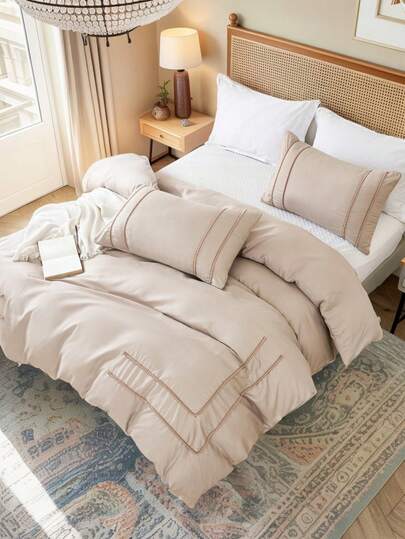 三件套涤纶被套组，浅卡其色，荷叶边绒球设计（1个被套+2个枕套，不含被芯），田园复古优雅风格，卧室及房间装饰，理想礼物，温馨家居点缀