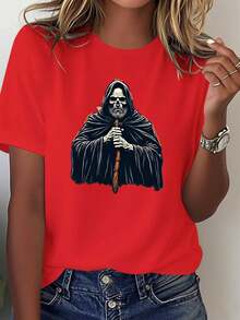 Camiseta gráfica de bruja y rey de Halloween para mujer - Camiseta casual roja con diseño de bruja, camisa suave para el día a día para fiestas de Halloween y ropa casual, ropa de Halloween, ropa festiva, ajuste cómodo, material duradero, top estampado, para asistentes a fiestas, blusas de mujer, camiseta mujer, polo mujer, camisetas bonitas para mujeres, blusas, camisetas oversize mujer - Rojo - Ver 2