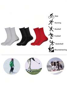 1 Pair Kids' Solid Color Anti-Slip Reinforced Sole Football/Yoga Socks, Thick Terry Cushion Mid-Calf Socks For Teens Aged 11-18
