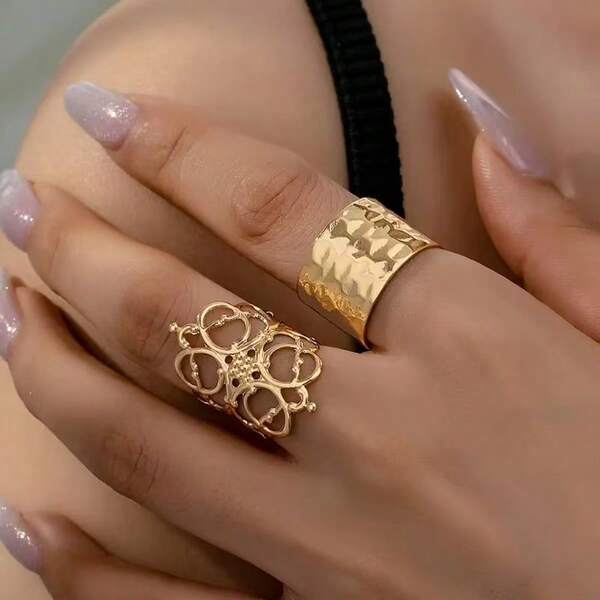Set de 2 anillos huecos martillados de estilo bohemio, accesorios de joyería unisex para regalo
