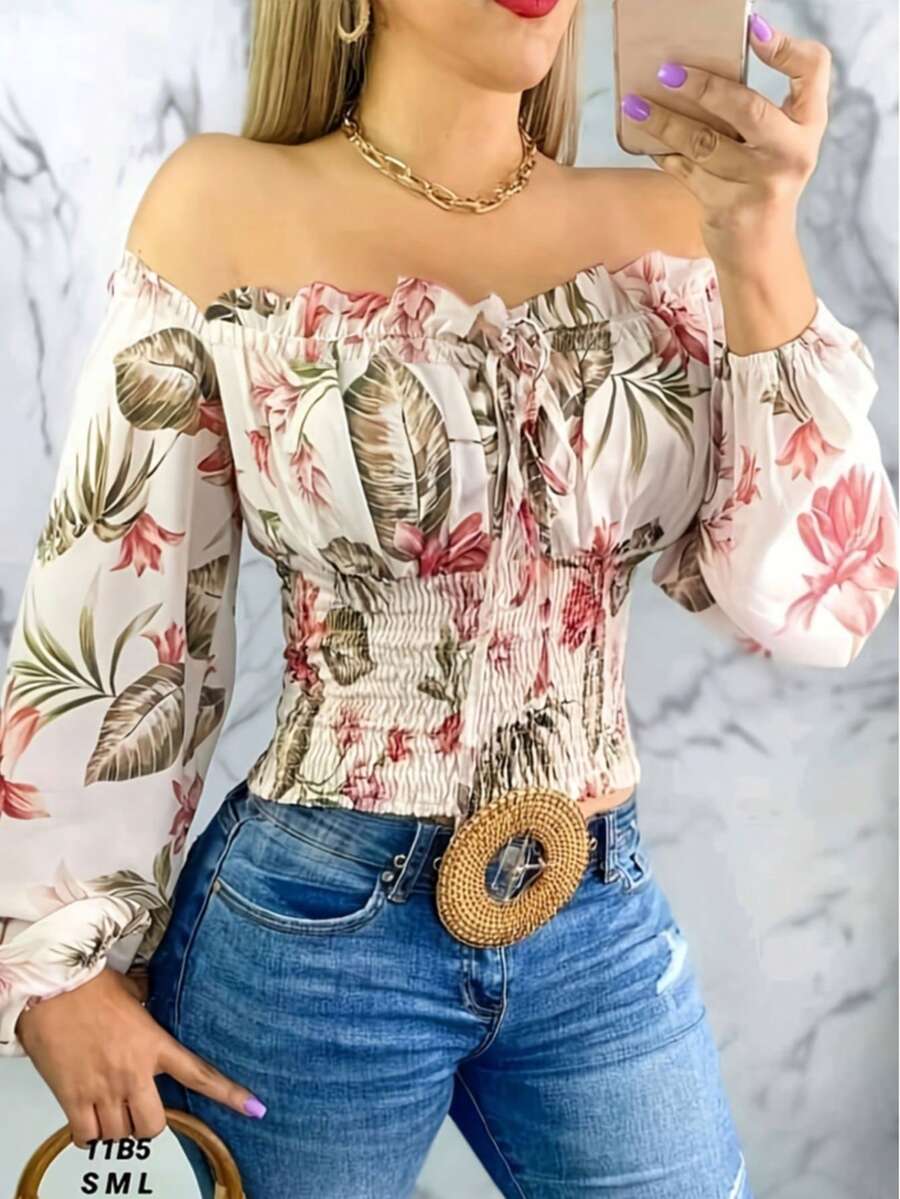 Women's Off-Shoulder Blouse, Casual Vacation Elegant Preppy Simple Floral Print Long Sleeve Shirred Top, Cinched Waist Slimming, Suitable For Daily Outings, Leisure, Commuting, Garden, Gatherings, Airport Outfit, Summer