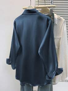 ​Women's Fall Equestrian Satin Shirt, Refined Solid-Toned Knight Print With Point Collar & Single Breasted Design For Daily Elegance