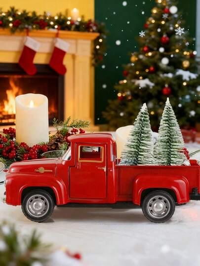 1pc Christmas Red Truck Ornament Vintage-Style Wrought Iron Farmhouse Truck Decoration Metal Christmas Ornament 2025 New Year Desktop Organizer Mini Die-Cast Car Decoration Suitable For Home, Kitchen, And Farm Settings Christmas Gift Birthday Gift Campus Gift Retro Game Accessory Room Decoration