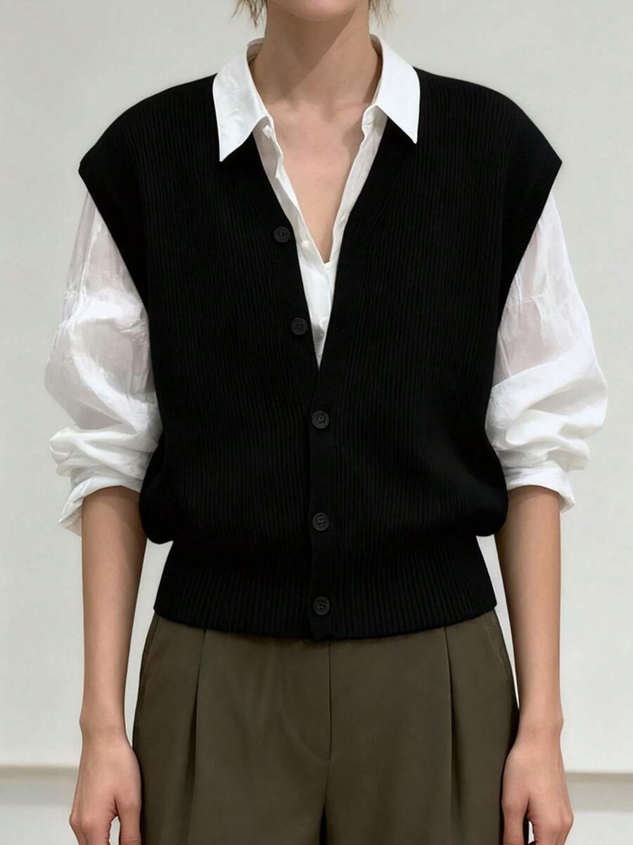 Women's Knit Sweater Vest Fashionable Versatile Solid Color Sleeveless V Neck Button Down Cardigans - Black - View 1
