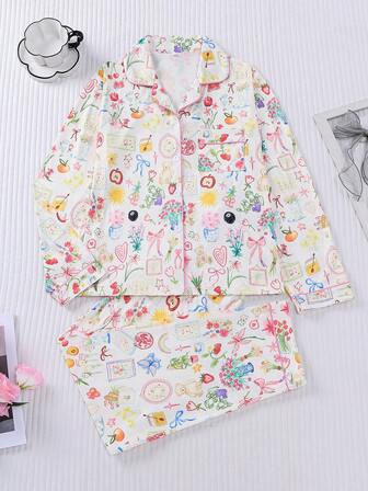 2 piezas Conjunto de pijama casual para mujer con estampado de flores, frutas y lazos, top de manga larga cómodo y pantalones de cintura elástica, adecuado para fiestas, ropa de estar en casa para todas las estaciones, ropa de otoño e invierno