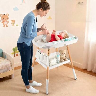 SUN YEE Baby Changing Table W/ Wheels Adjustable Height Beech Wood Diaper